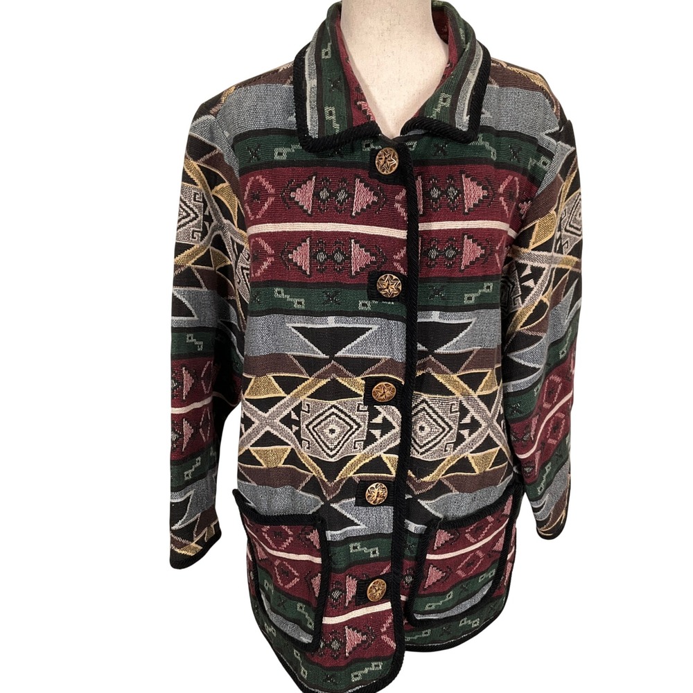 Agape Tapestry Jacket‎ Womens 1XL Red Green Aztec Southwestern Geometric Boho
